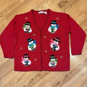 Victoria Jones Woman red Beaded Sequin Holiday Snowman Cardigan Sweater size‎ 1x